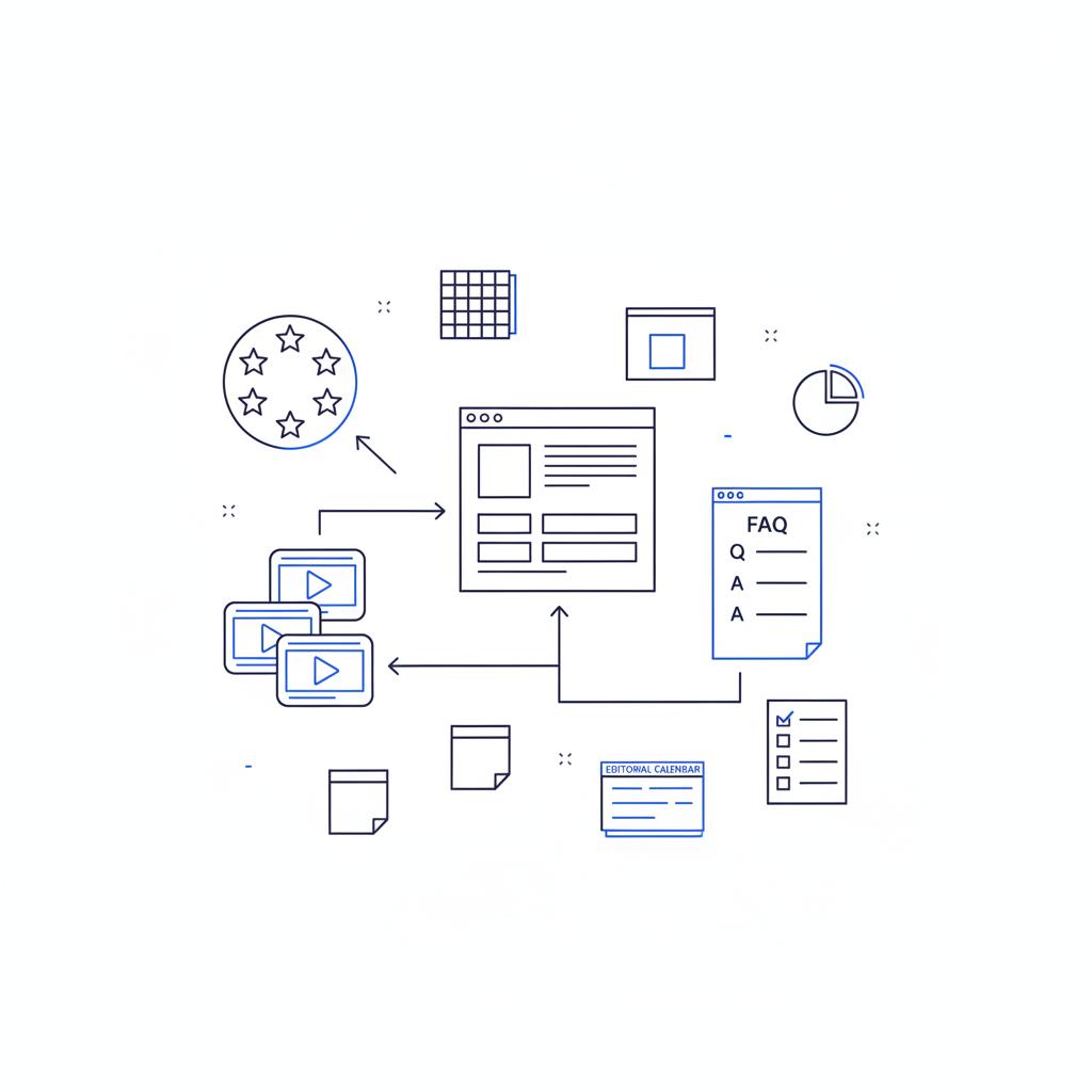 Vector flat-lay of a review-to-content workflow: 5-star Google reviews bubble linked to a draft article that branches into social clips and an FAQ card, minimalist Agency Visible colors.