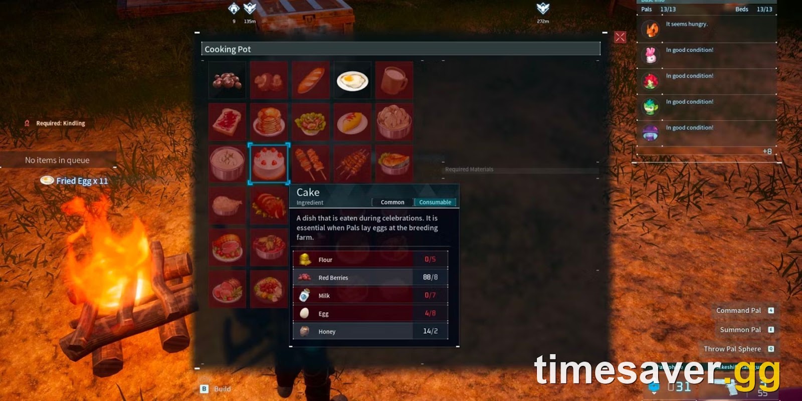 Palworld Cooking Pot UI with the Cake recipe selected, showing its Flour, Red Berries, Milk, Egg, and Honey ingredients