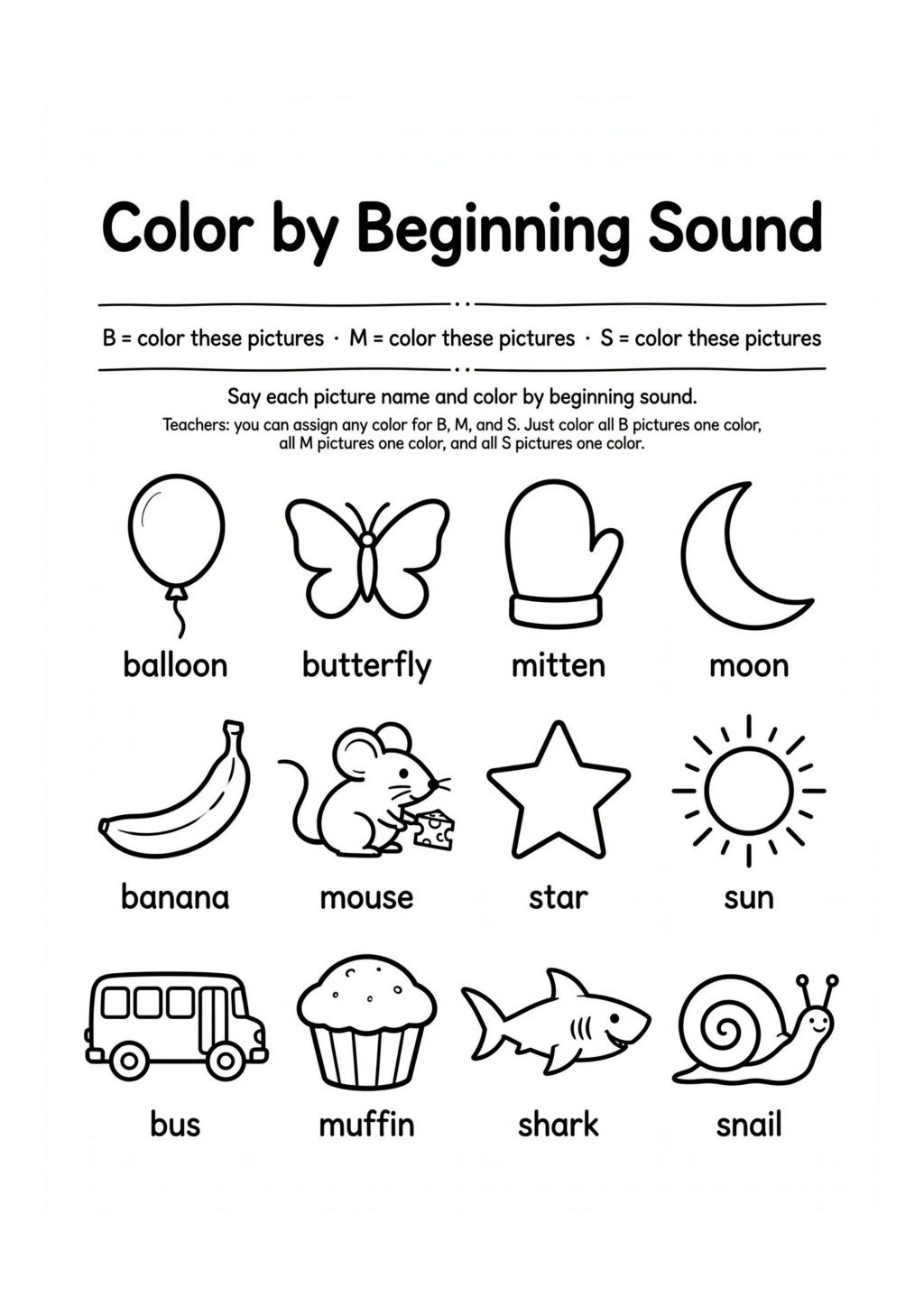 Beginning Sounds Color by Sound Worksheet