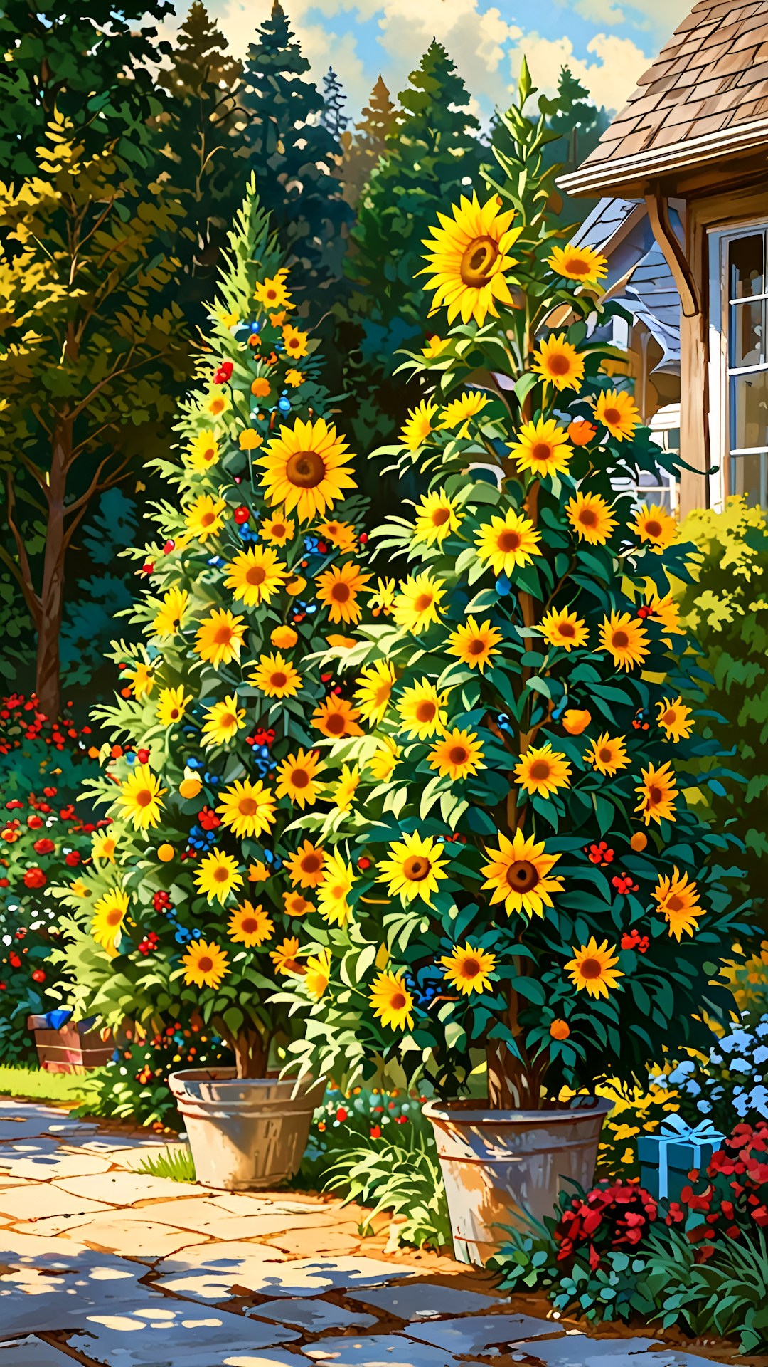 Sunflower Trees in Vibrant Garden Beside Cozy Cottage - Free 4K mobile Wallpaper