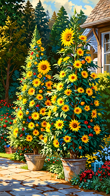 Sunflower Trees in Vibrant Garden Beside Cozy Cottage - Free mobile Wallpaper