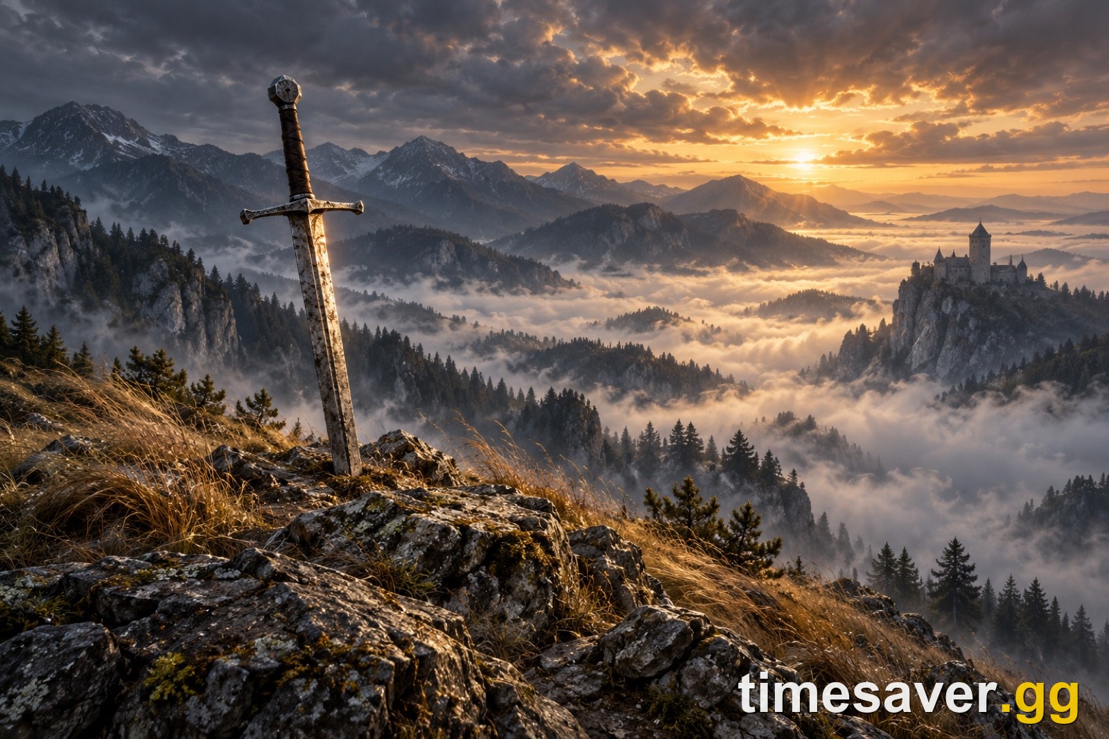 A longsword planted on a misty mountain ridge at dawn