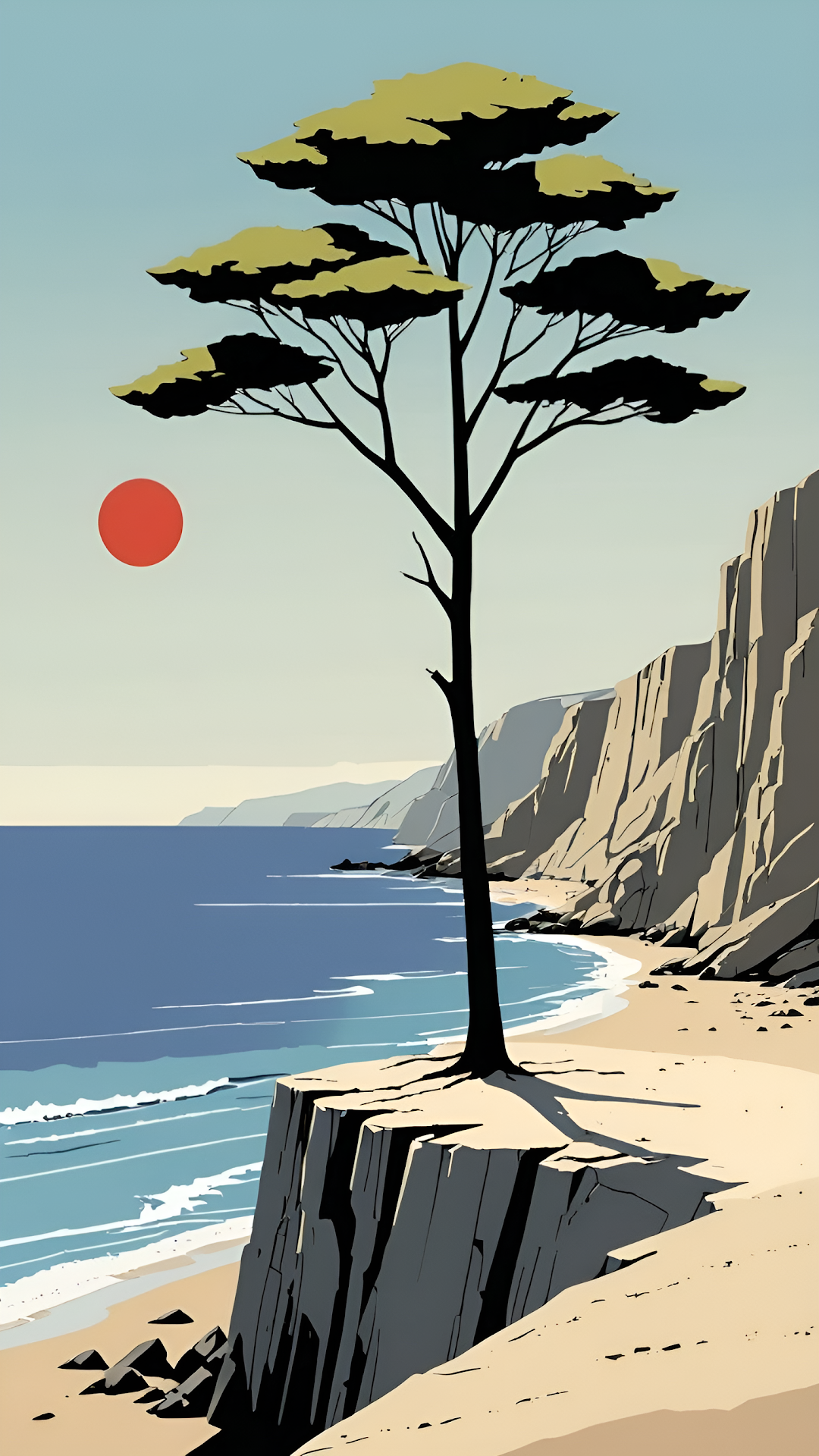 Minimalist Cliff Tree Illustration with Red Sun and Ocean View - Free 4K mobile Wallpaper