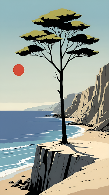 Minimalist Cliff Tree Illustration with Red Sun and Ocean View - Free mobile Wallpaper