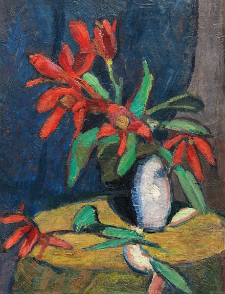 Rote Blumen in weißem Krug 1911