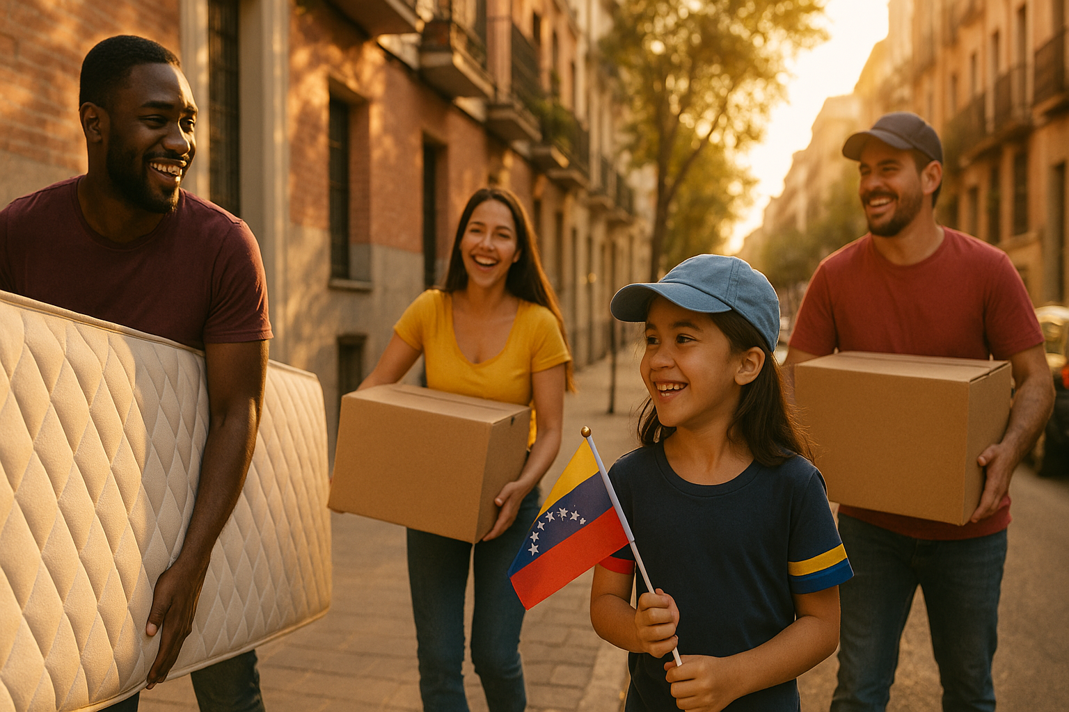 Venezolanos cargando muebles y cajas en una mudanza solidaria al atardecer