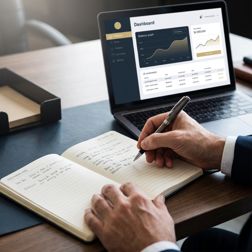 Close up of hands writing a decision log next to a laptop showing a simulated balance dashboard in a minimalist dark workspace What New Traders Should Know Before Starting an Evaluation