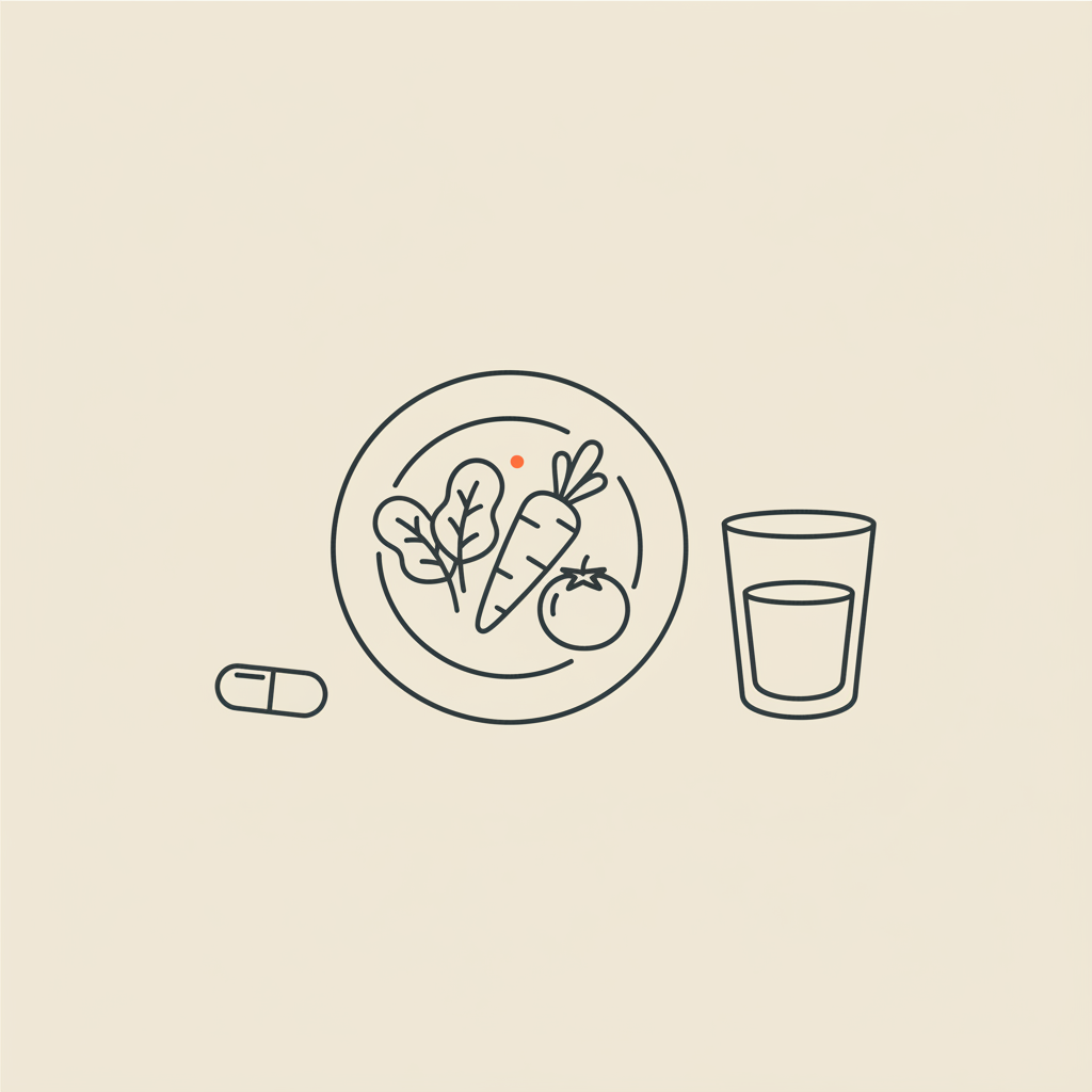 Minimal Tonum-style vector line illustration of a plate of vegetables, water glass and capsule on beige background illustrating how to cleanse your gut for weight loss