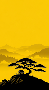 Minimalist Black and Yellow Illustration of Pine Tree and Temple in Misty Asian Landscape