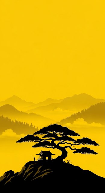 Minimalist Black and Yellow Illustration of Pine Tree and Temple in Misty Asian Landscape - Free mobile Wallpaper