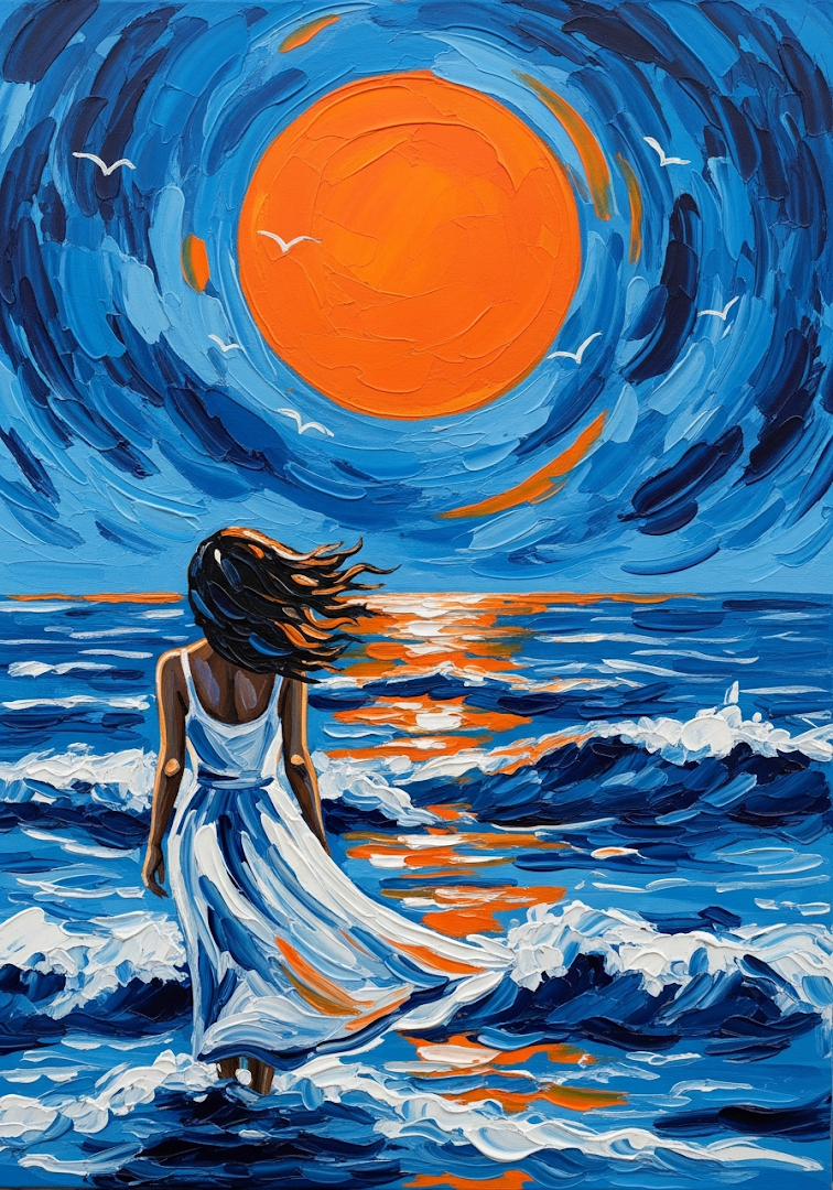 Abstract Woman White Dress Orange Sun Ocean Art