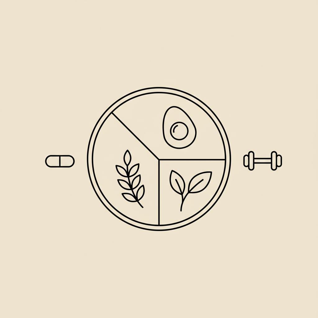 Minimal Tonum-style line illustration of a divided plate (protein, vegetables, whole grains) with a capsule and dumbbell on beige background for menopause weight loss diet.