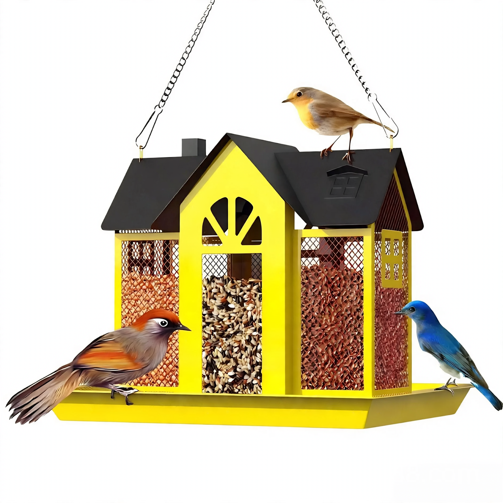 Metal birdhouse with chain for hanging decoration