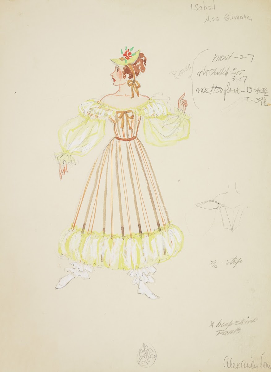 Pirates of Penzance Isabel Brown striped gown with yellow sleeves and hem 1934 1