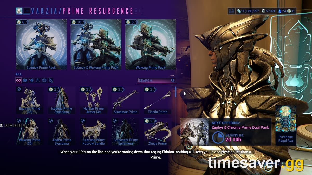 Varzia's Prime Resurgence shop in Maroo's Bazaar selling vaulted Relics for Aya
