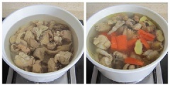 Khi gà đã ráo nước thì cho lại vào nồi, chế ngập nước và nêm 1/2 muỗng canh muối, 1/2 muỗng canh rượu, gừng thái sợi và hầm trong khoảng 1 giờ, sau đó thêm cà rốt vào nấu cho mềm. Cuối cùng thả bạch quả vào tiếp tục hầm chín mềm và nêm nếm lại cho phù hợp với khẩu vị. Tắt bếp, múc canh gà bạch quả ra và thưởng thức.
