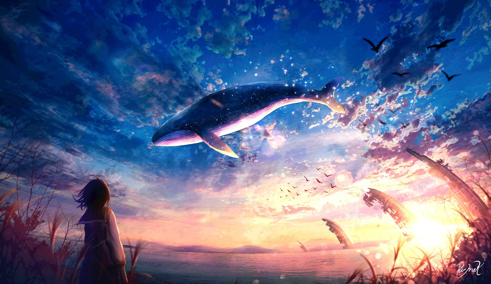 Whale Flying In Sunset Sky - Anime Digital Illustration 4K Wallpaper (4096x2371)