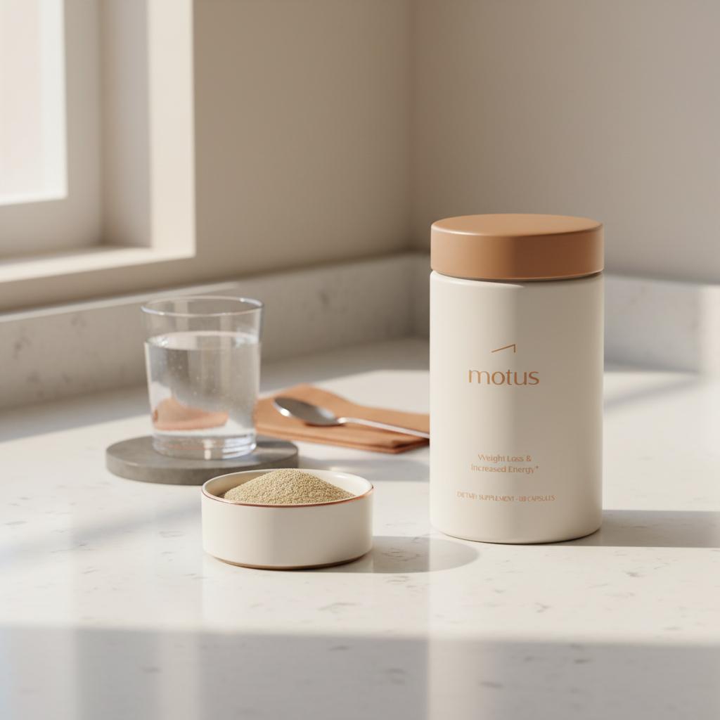 Minimal kitchen scene with Tonum Motus container beside a glass of water and ramekin of psyllium husk, comparing Metamucil-style fiber options in a clean clinical layout.