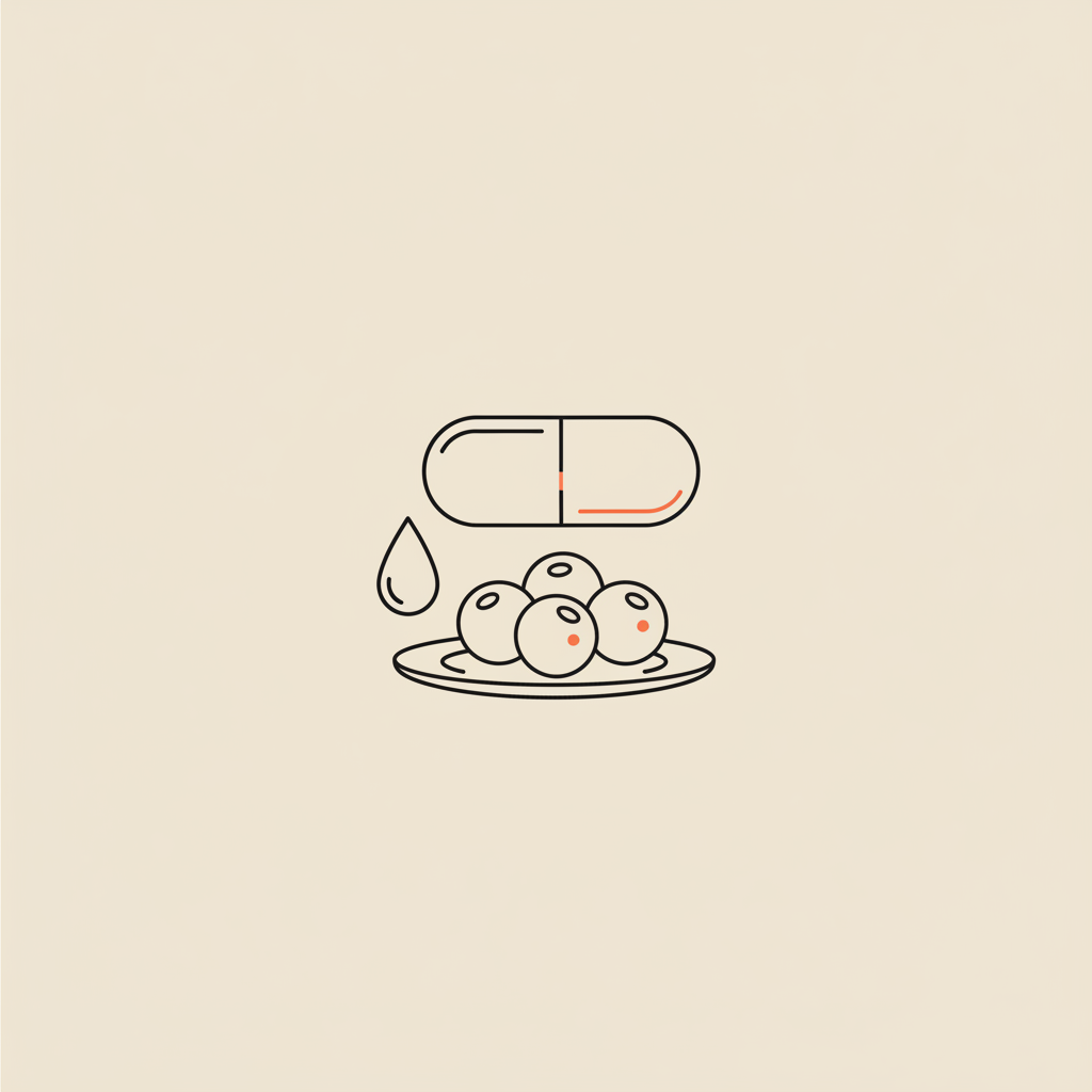 Minimalist vector line illustration of a capsule, a small plate with berries and a water droplet on beige background representing best fat loss drug
