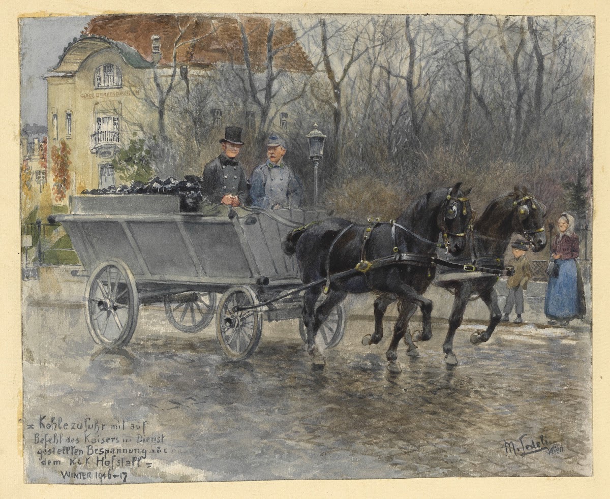 Kohlezufuhr mit Pferden aus den Hofstallungen im Winter 1916 17 in Wien vor dem