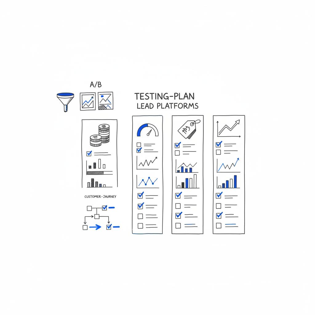 Vector minimalist sketch of a testing plan page with columns for budget, KPIs, CPL, and LTV, hand-drawn charts and checkboxes in Agency Visible colors for lead generation platforms comparison.