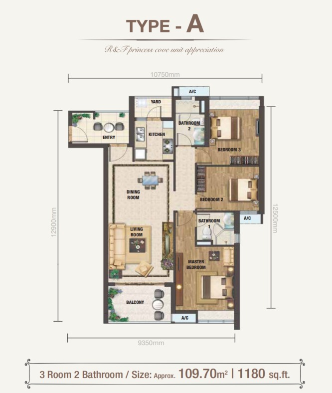 Princess Cove RNF Phase 2 Type A floor plan — 1180 sq ft, 3 bedrooms