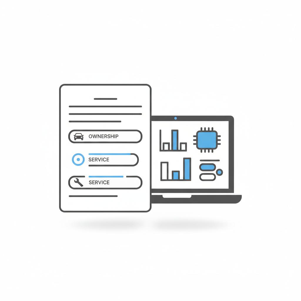 Minimalist vector close up of a vehicle history report with highlighted ownership and service entries beside a laptop showing abstract price analysis charts no text chrysler 300 for sale