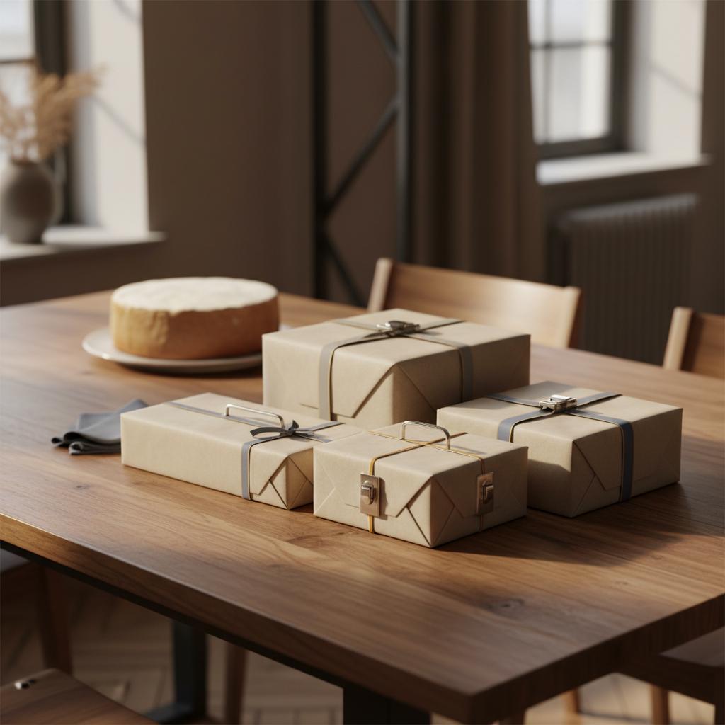 Detailaufnahme eines Esstisches mit liebevoll verpackten Geschenken und einem neutralen Vanillekuchen im Hintergrund, warme Lichtstimmung – gute besserung paket