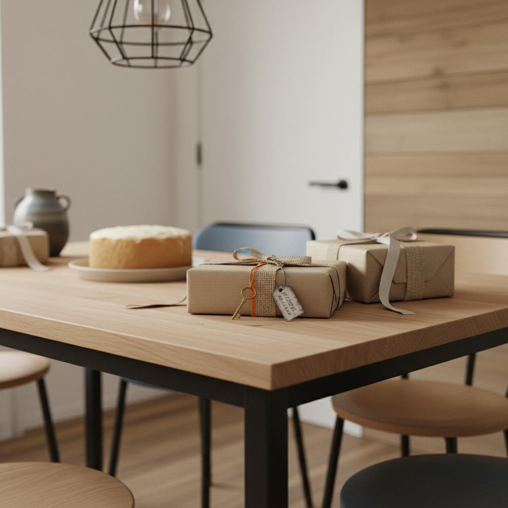 Intime Esstisch-Szene mit Geschenkpaketen, Metallanhängern und Vanillekuchen im Hintergrund – stilvolle geschenkideen männer im minimalistischen, leicht industriellen Steelmonks-Look.