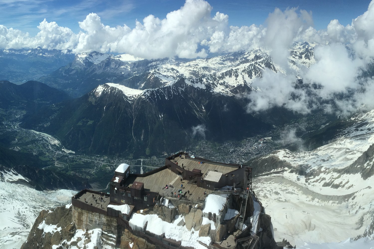 Observation terraces of Aiguille du Midi overlooking the Chamonix valley and alpine peaks