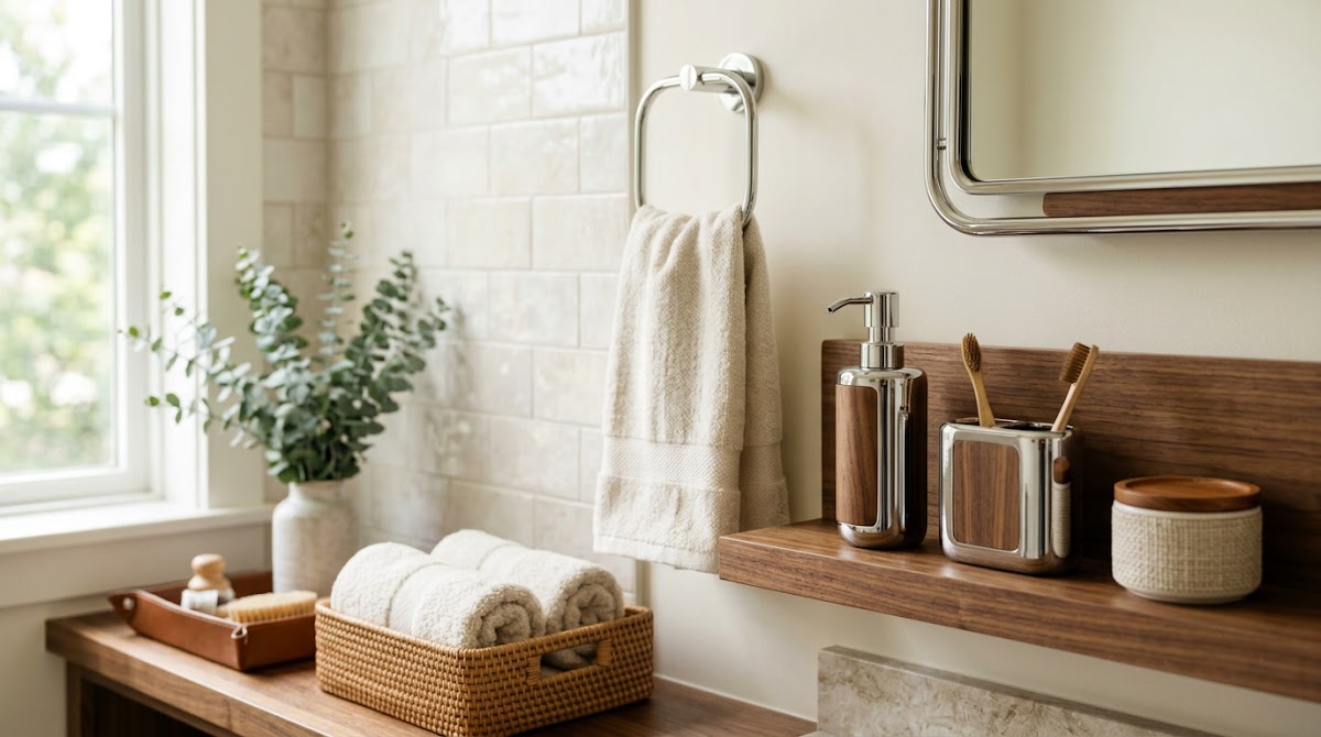 How to Warm Up Chrome Bathroom Accessories With Natural Wood - final inviting chrome and warm wood living room styling reveal
