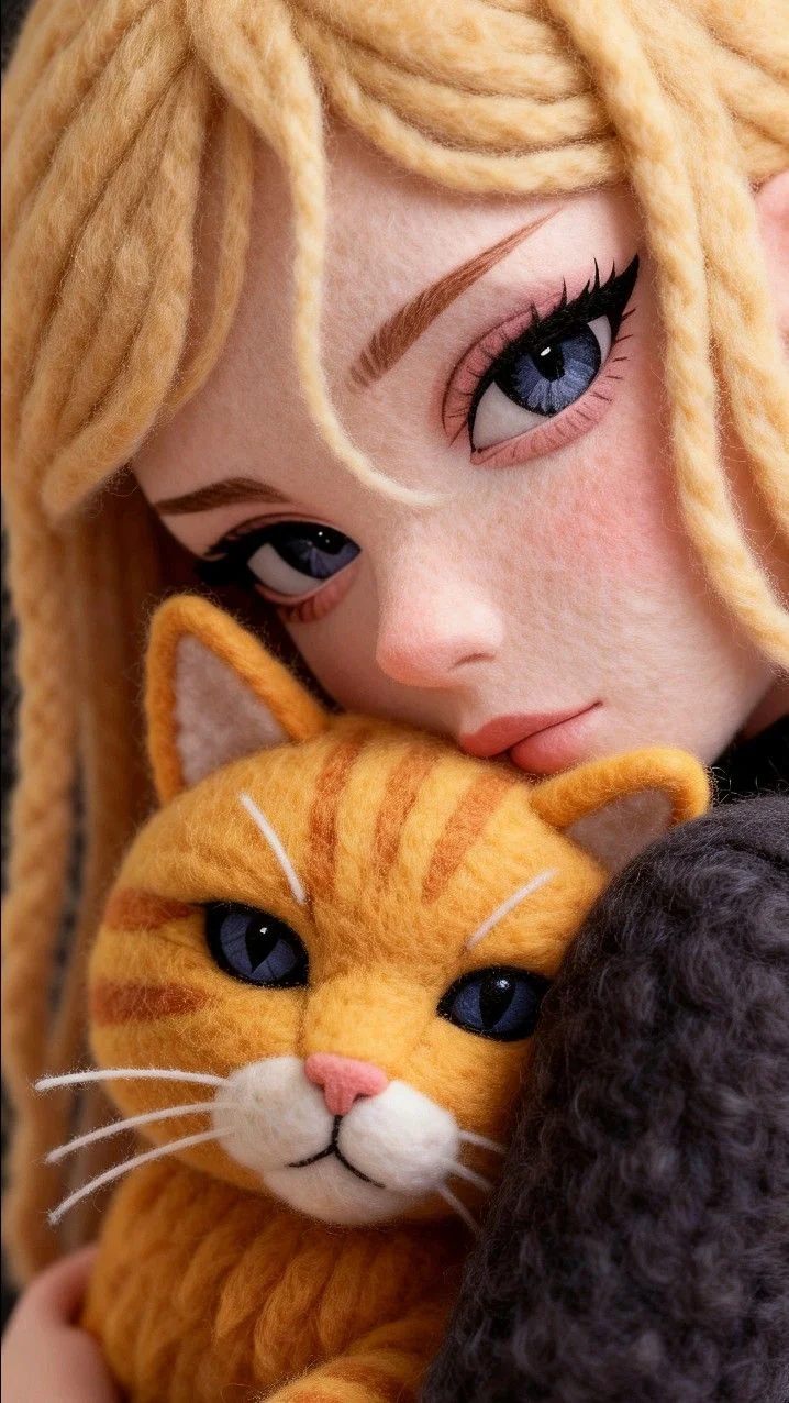 Retrato ultra detallado en primer plano de una muñeca de fieltro hecha a mano que abraza a un pequeño gato de fieltro naranja.
