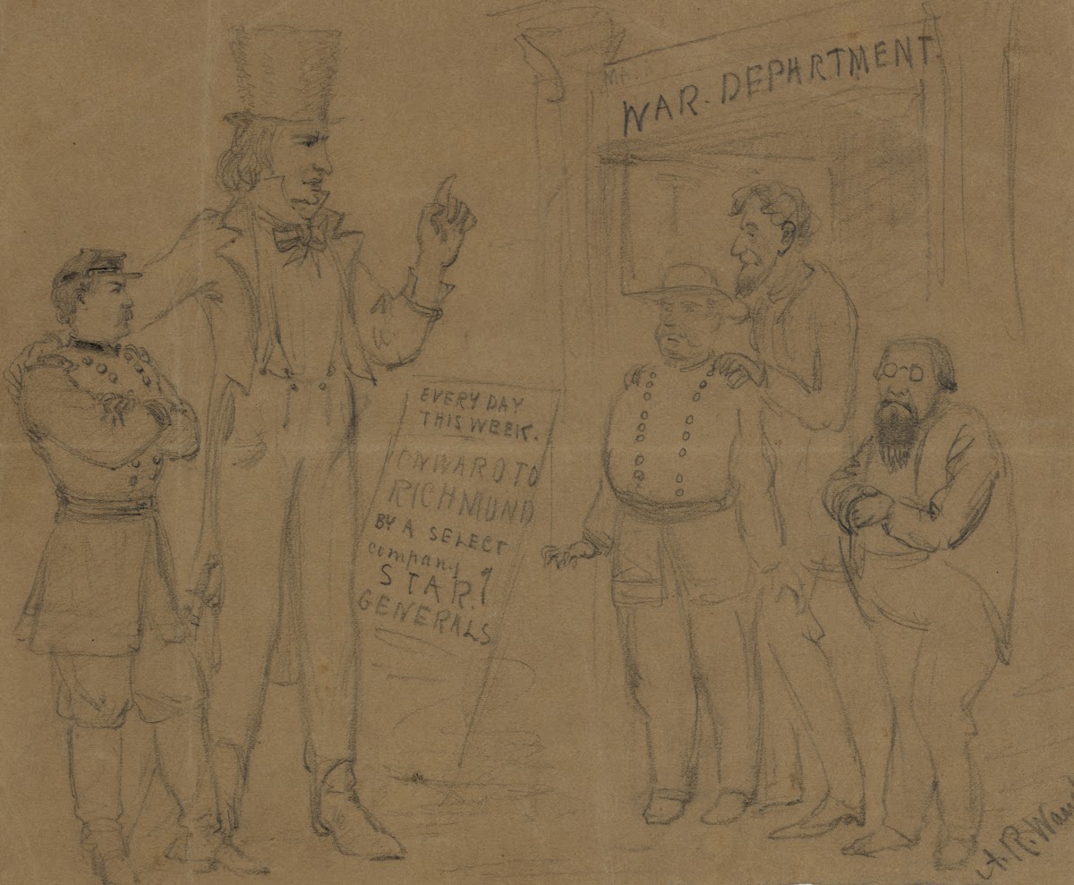 Cartoon showing Uncle Sam and General McClellan standing before a playbill 1861