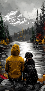 Solitude with Dog in Rainy Mountain Wilderness Illustration