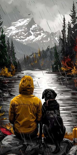 Solitude with Dog in Rainy Mountain Wilderness Illustration - Free mobile Wallpaper