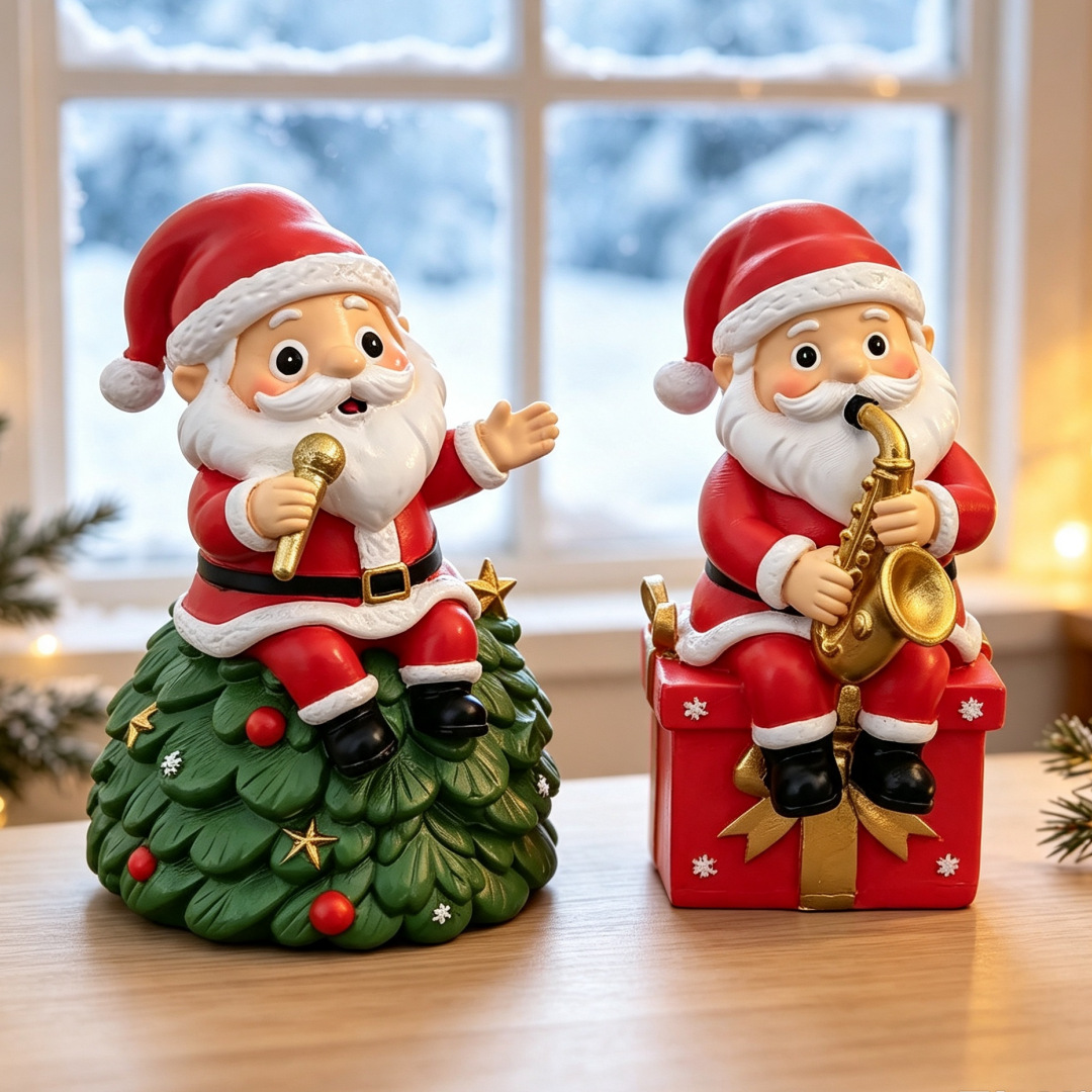 Weihnachtsmann-Figur mit Instrument, Harz-Deko