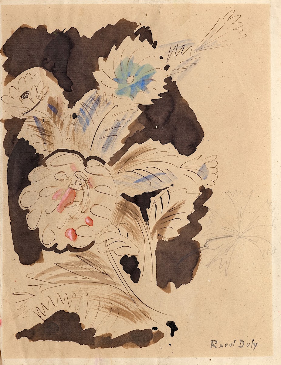 Etude de fleurs bleues et rouges