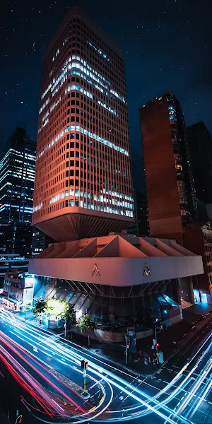 Skyscraper, Nightscape, Light Trails 2K iPhone Wallpaper Background