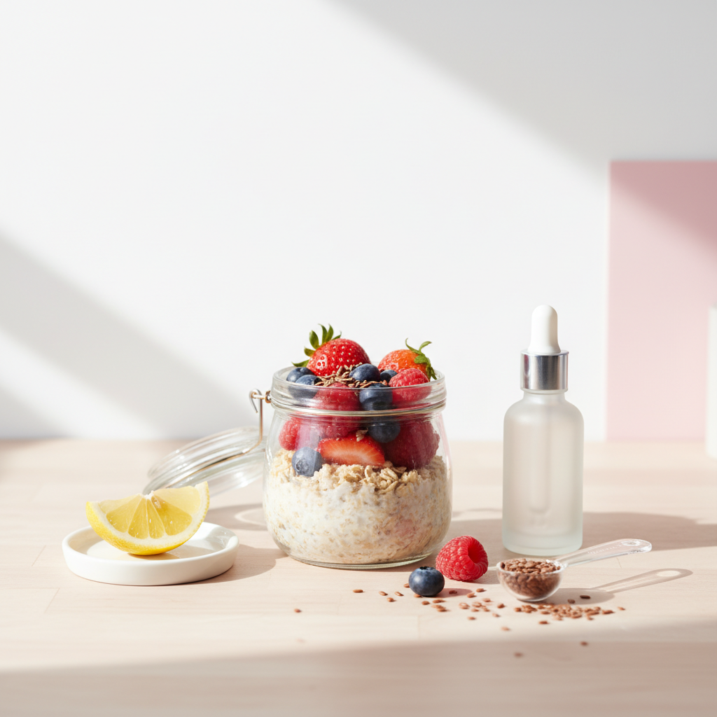 Nahaufnahme von Overnight-Oats mit Beeren, unbeschrifteter Nagelhaut-Ölflasche und Zitronenscheibe auf hellem Holz – Nährstoffe für Nägel