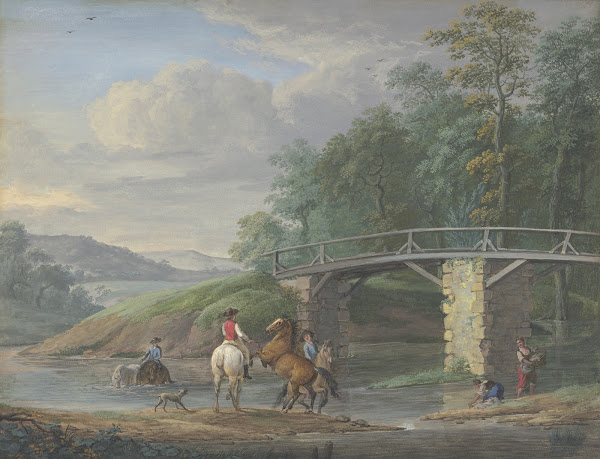 Pferde in der Schwemme bei einer Brücke rechts zwei Wäscherinnen
