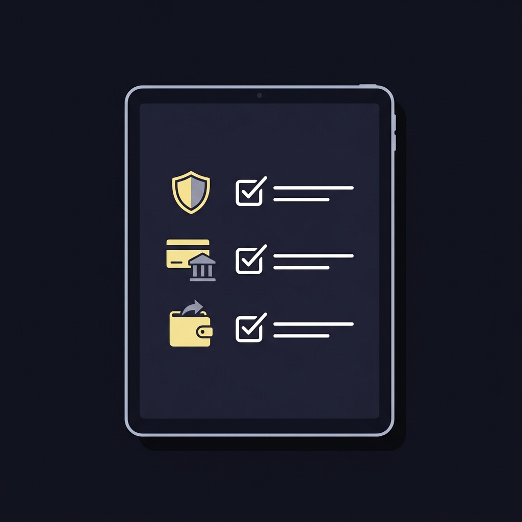 Minimalist 2D vector tablet checklist with shield card and withdrawal icons representing licence check payment provider and withdrawal terms on Funded Plays dark palette for asian sportsbook