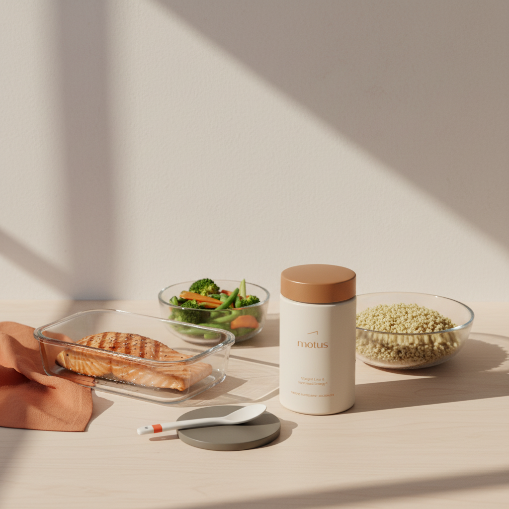 Tonum Motus bottle beside grilled salmon, steamed vegetables and quinoa in a minimalist kitchen still life, promoting weight loss; lose 7 pounds in 2 weeks