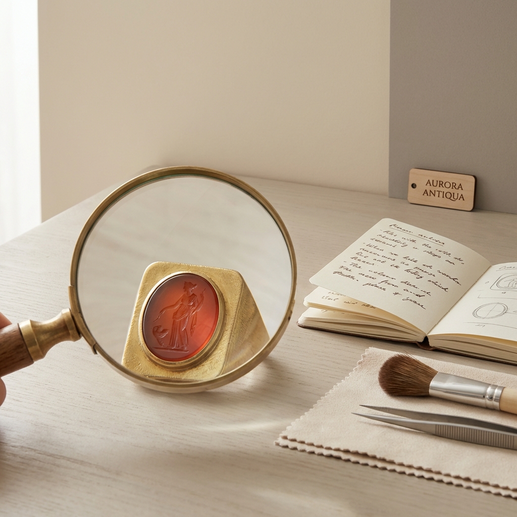 Close up of a gold bezel with carnelian intaglio examined under a magnifier on a conservator bench showing signet ring ancient with neat restoration tools nearby
