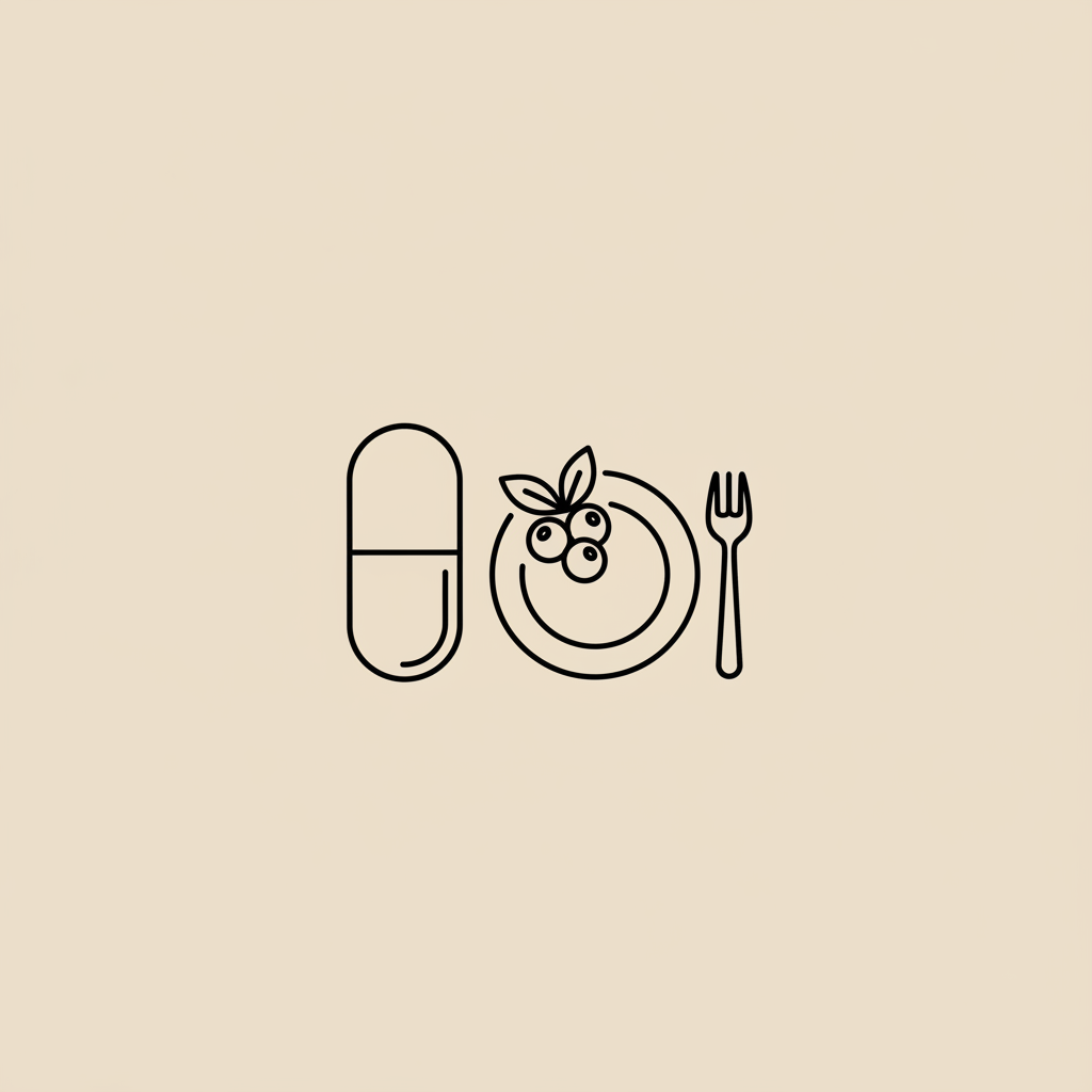 Minimalist Tonum-style line illustration of a capsule, small plate with fork, and leaf/berry cluster on beige background representing hormone balancing supplements.