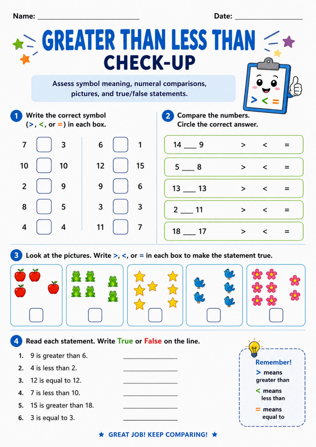 Greater Than Less Than Check-Up Worksheet
