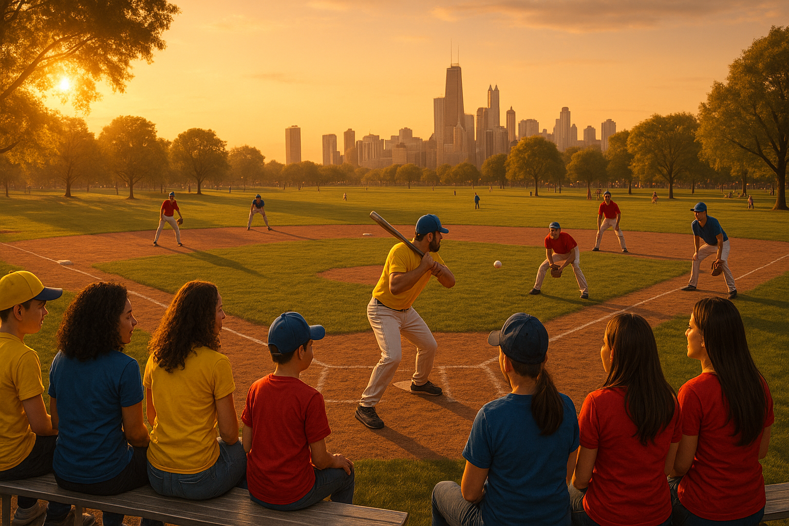 Venezolanos jugando béisbol en un parque urbano del exterior al atardecer