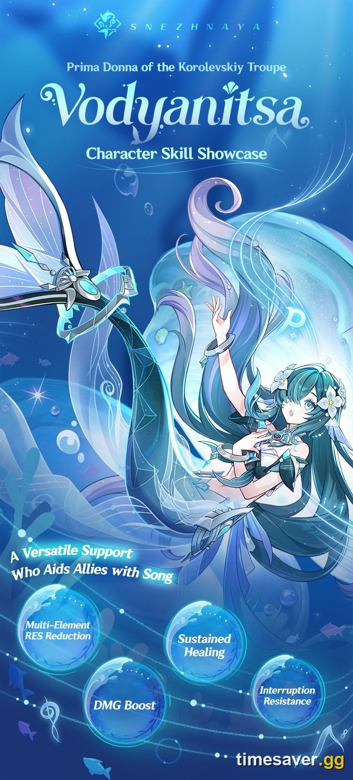Official Genshin Impact panel describing Vodyanitsa as a versatile support who aids allies with song, listing resistance reduction, healing, damage boost and interruption resistance