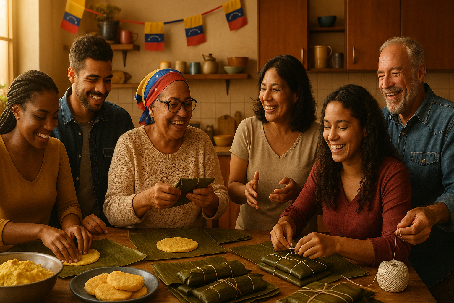 Venezolanos de la diáspora preparando hallacas juntos en cocina comunitaria