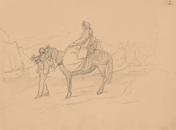 A woman on a horse led by a man in fez 1856