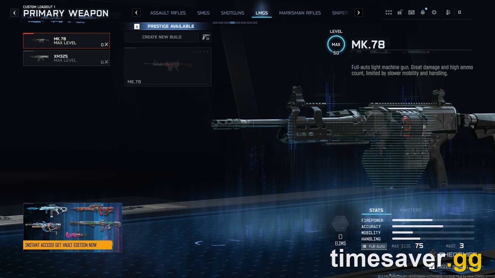 Black Ops 7 weapon loadout screen at max level with the Mastery tab and Prestige Available marker